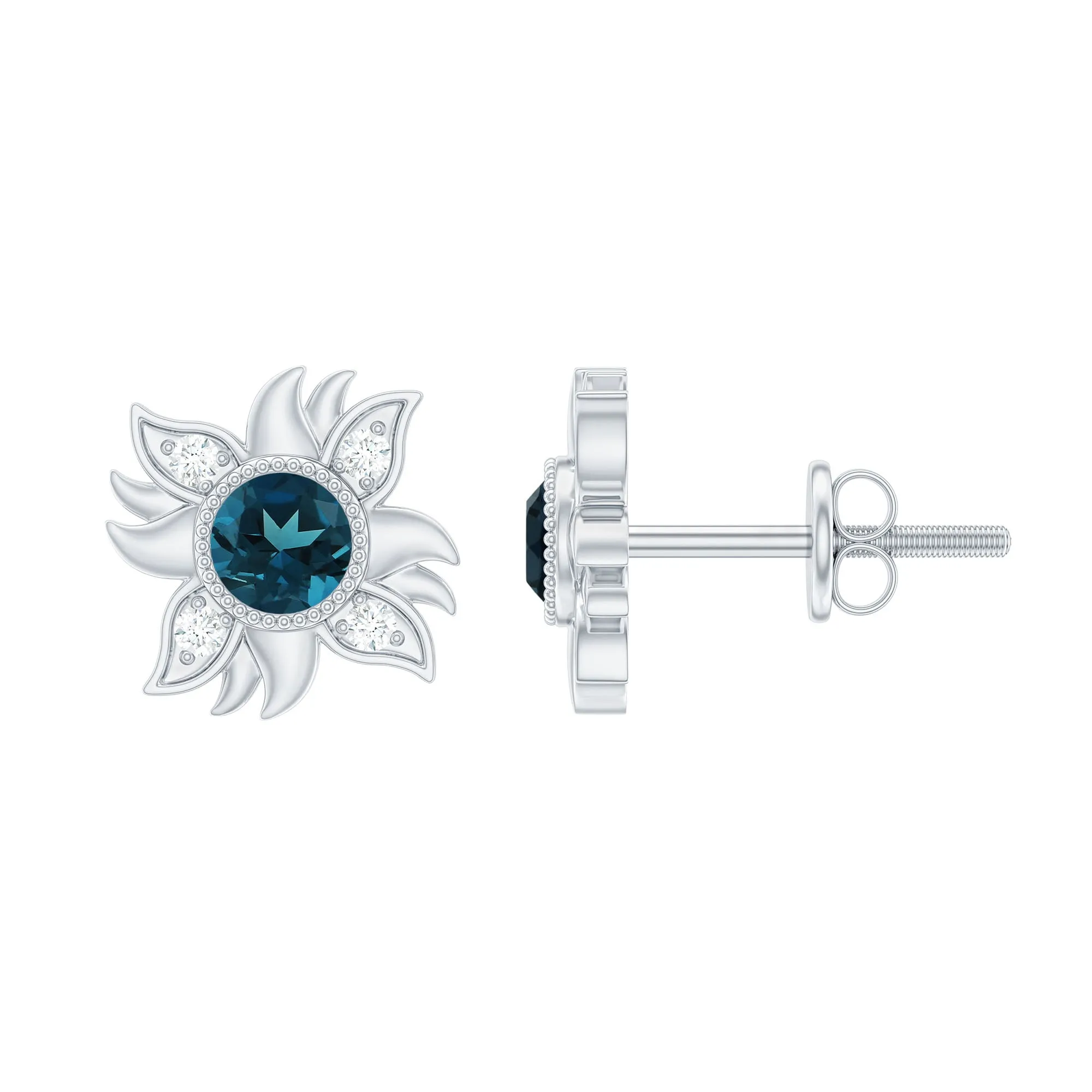 1/2 CT Round Shape London Blue Topaz and Diamond Sunburst Stud Earrings