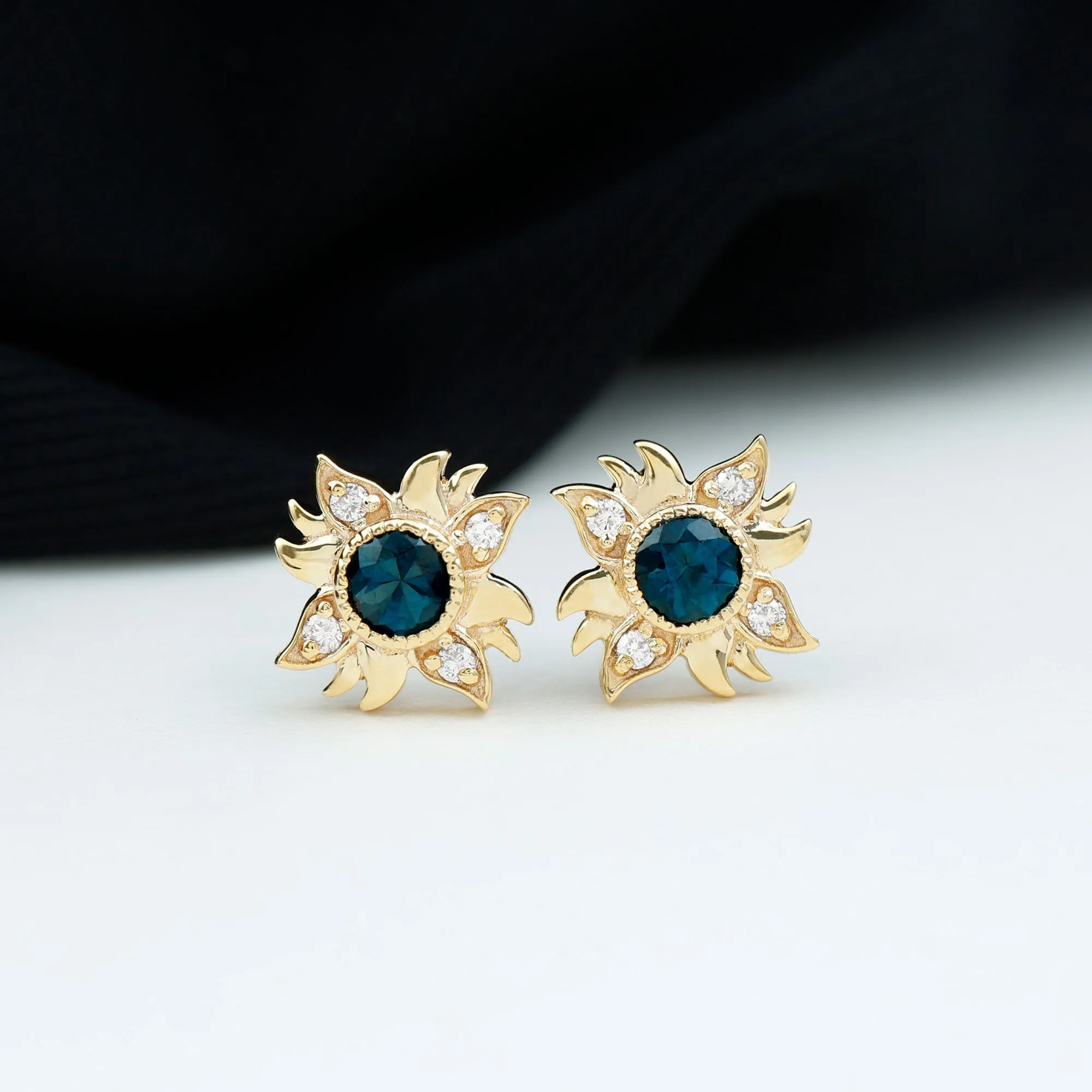 1/2 CT Round Shape London Blue Topaz and Diamond Sunburst Stud Earrings