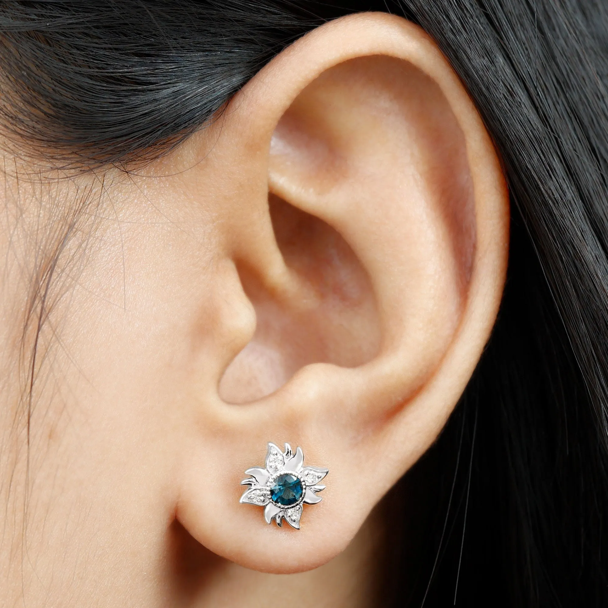 1/2 CT Round Shape London Blue Topaz and Diamond Sunburst Stud Earrings