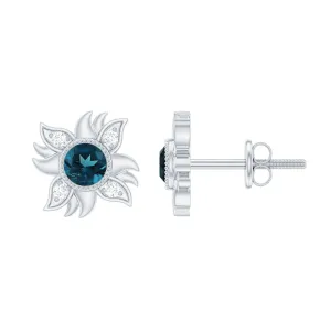 1/2 CT Round Shape London Blue Topaz and Diamond Sunburst Stud Earrings