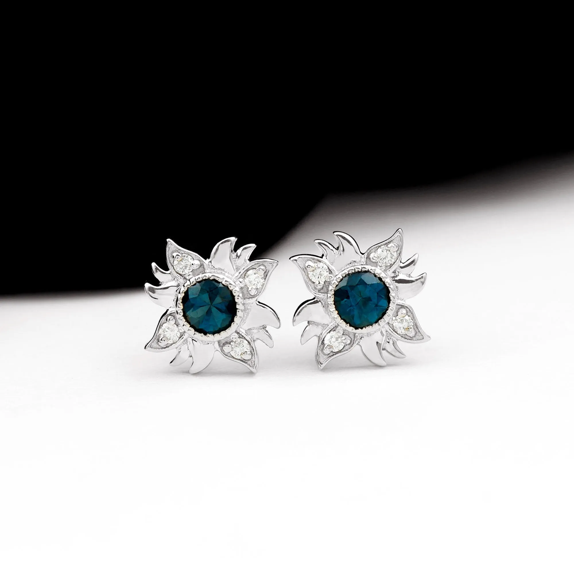 1/2 CT Round Shape London Blue Topaz and Diamond Sunburst Stud Earrings