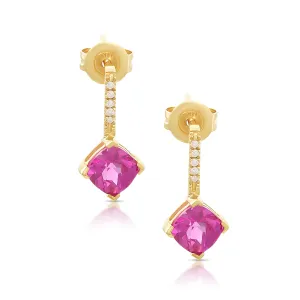 14K Gold Princess Cut Pink Topaz and Diamonds Earrings