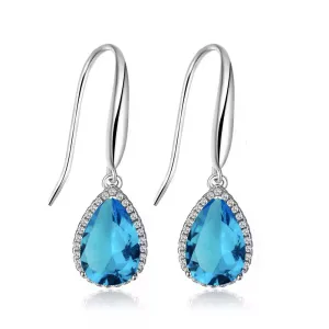 14k White Gold Plated 3 Ct Created Blue Topaz Teardrop Earrings