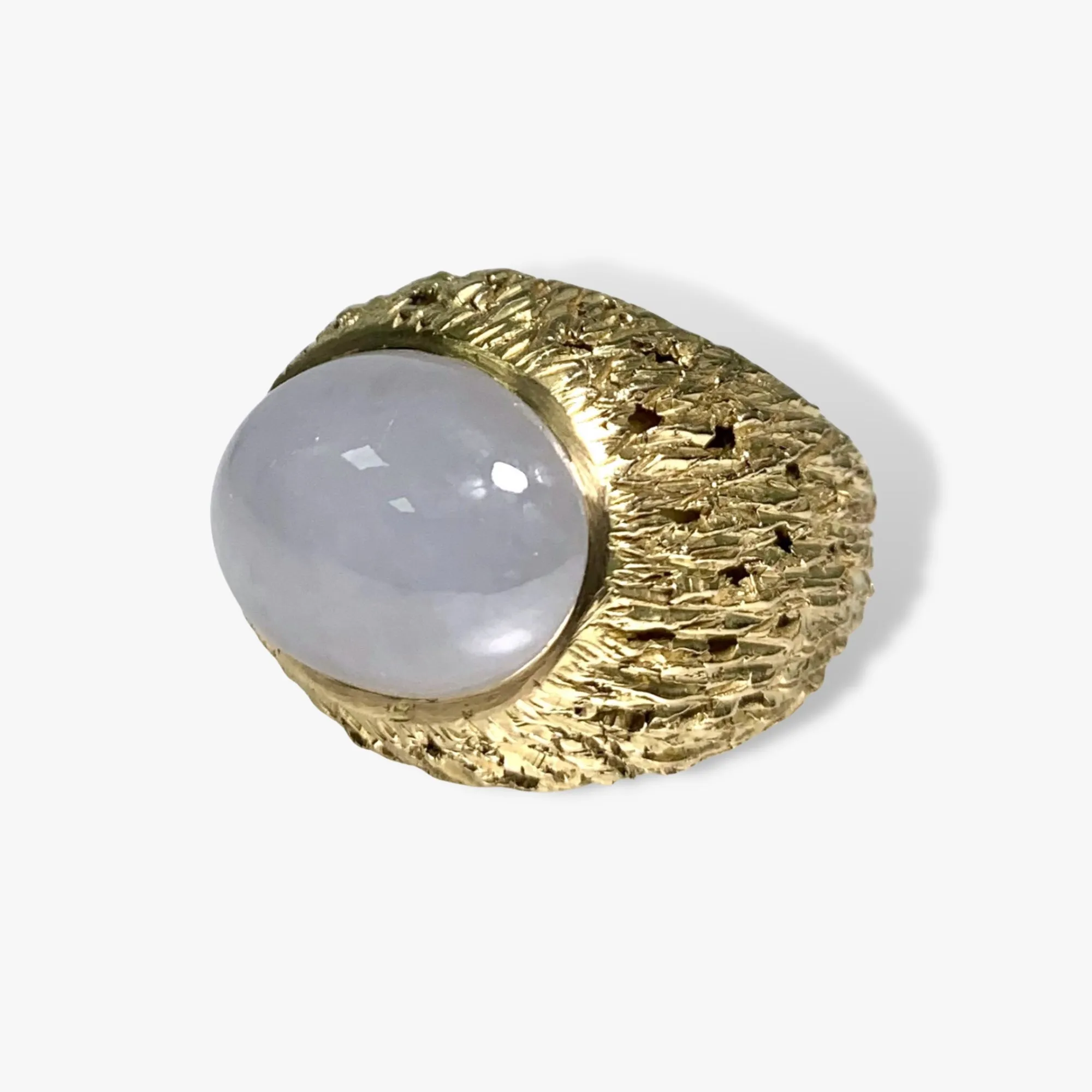 14k Yellow Gold Cabochon Cut White Imperial Jade Vintage Cocktail Ring