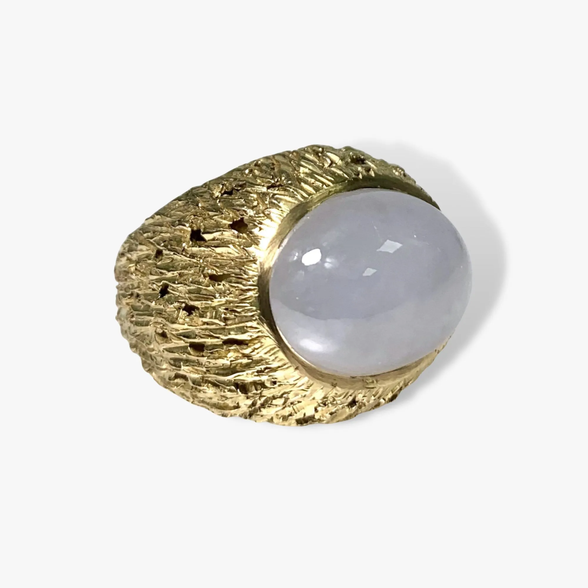 14k Yellow Gold Cabochon Cut White Imperial Jade Vintage Cocktail Ring