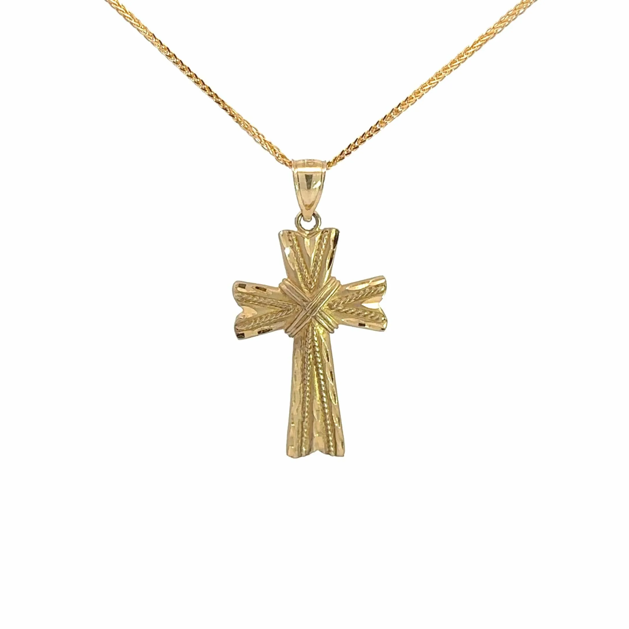 14k Yellow Gold Diamond Cut Fancy Cross Pendant Necklace