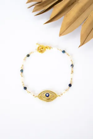 18K Toggle Eyes Wide Open Lapis & Pearl Bracelet