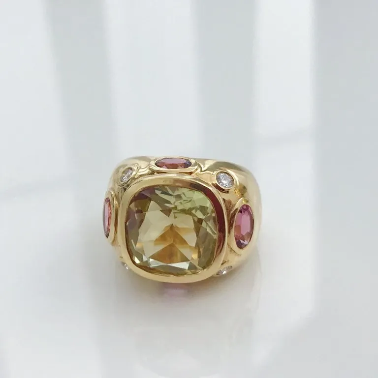 18kt Bonheur Ring with Green Amethyst, Amethyst and Blue Topaz