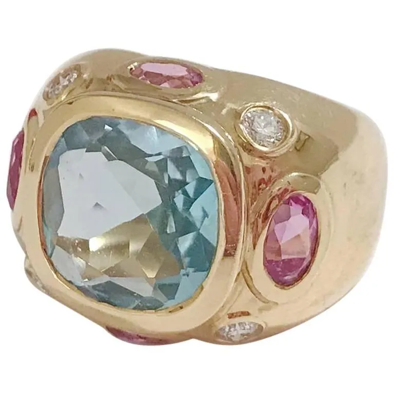 18kt Bonheur Ring with Green Amethyst, Amethyst and Blue Topaz