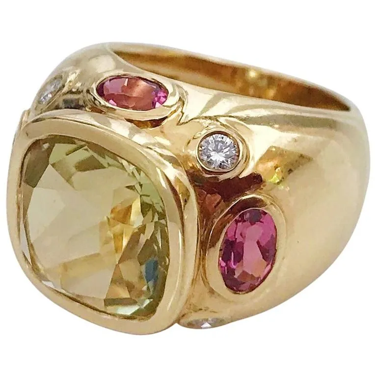 18kt Bonheur Ring with Green Amethyst, Amethyst and Blue Topaz