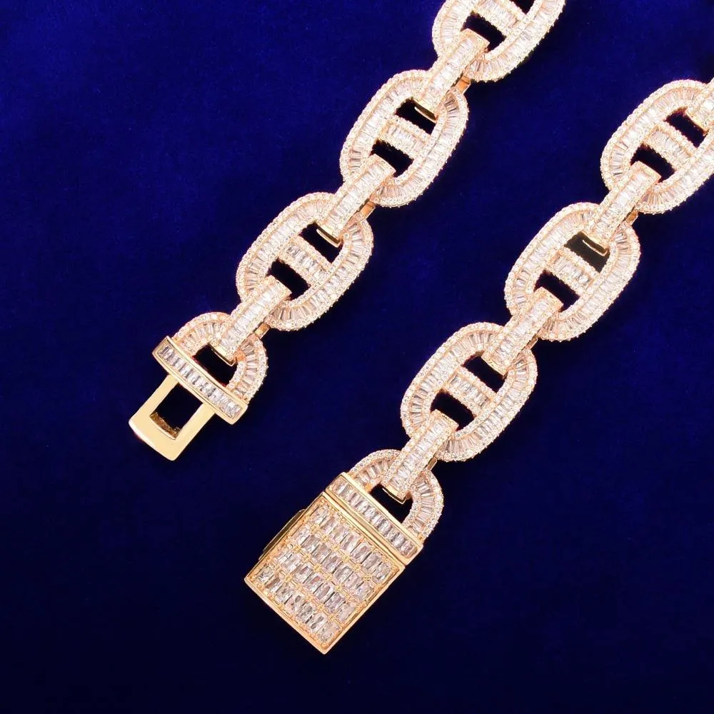 18mm Baguette Zirconia Cuban Chain Necklace Link Gold Color Copper Bling