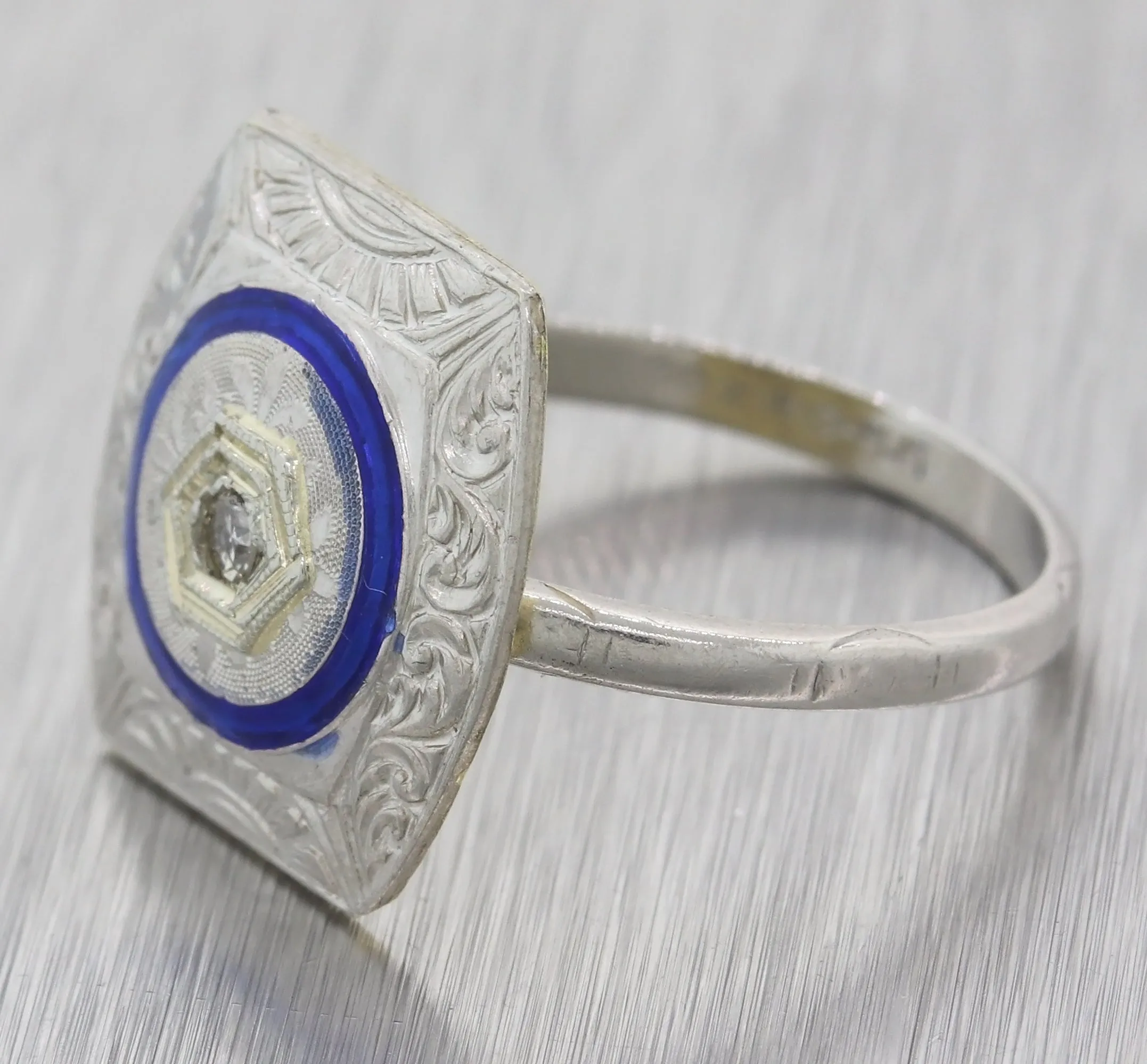 1920s Antique Art Deco Platinum Diamond Blue Enamel Cocktail Ring F8