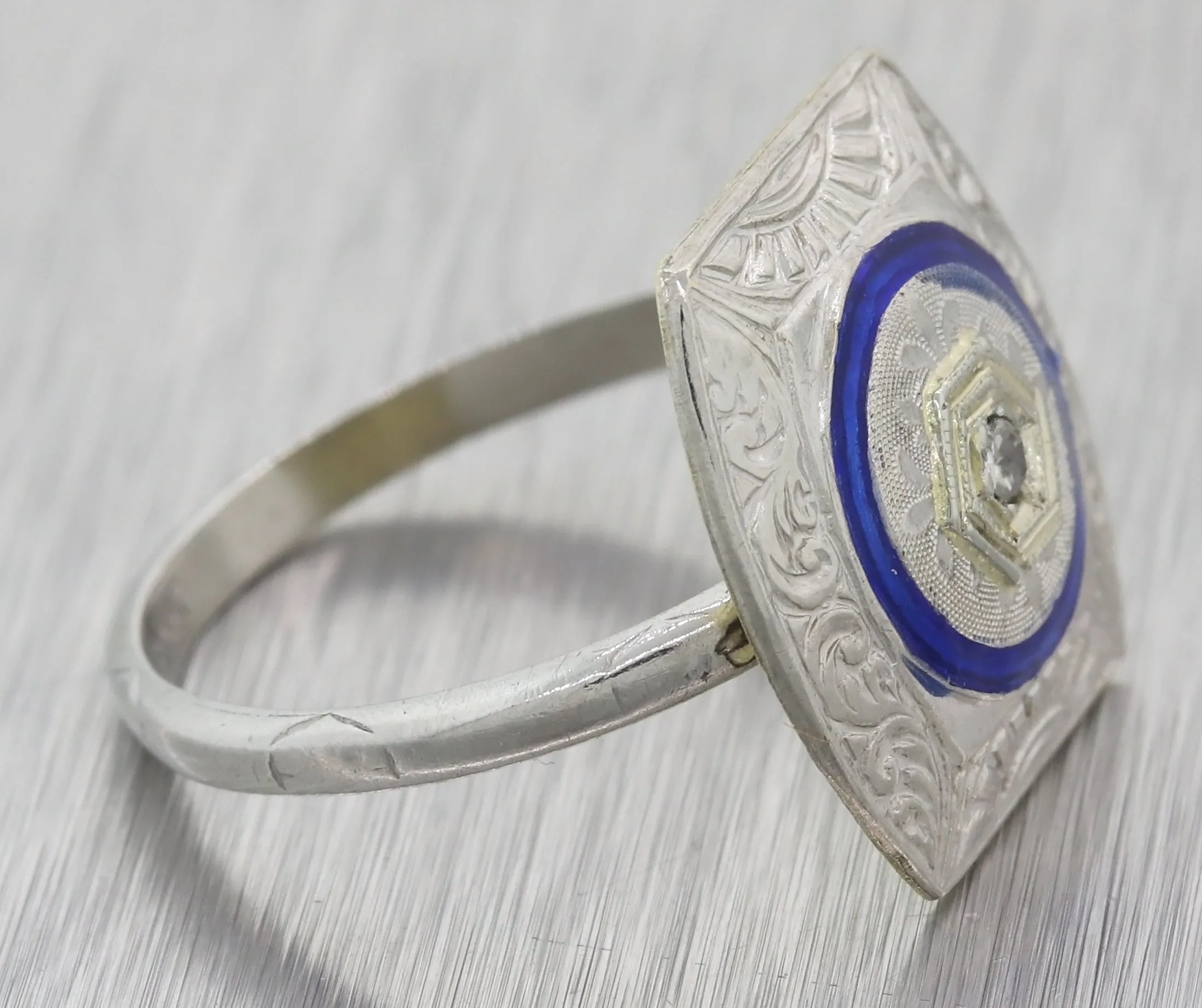 1920s Antique Art Deco Platinum Diamond Blue Enamel Cocktail Ring F8