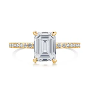 2 Carat Hidden Halo Emerald Cut Solitaire Cubic Zirconia Engagement Ring - Champagne Gold