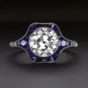 2 CARAT OLD EUROPEAN CUT DIAMOND ENGAGEMENT RING SAPPHIRE PLATINUM VINTAGE STYLE