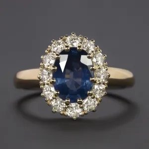 2 CARAT SAPPHIRE DIAMOND COCKTAIL RING OVAL SHAPE HALO NATURAL 14k YELLOW GOLD