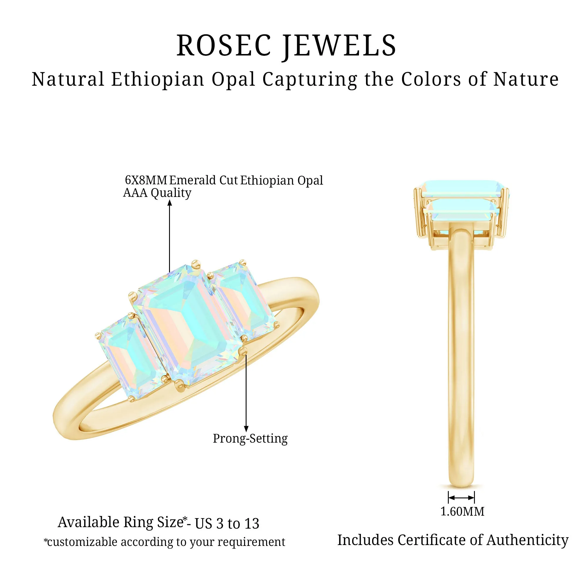 2 CT Octagon Shape Ethiopian Opal Three Stone Cocktail Ring