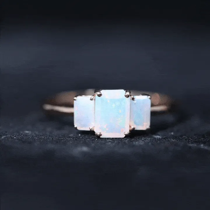 2 CT Octagon Shape Ethiopian Opal Three Stone Cocktail Ring