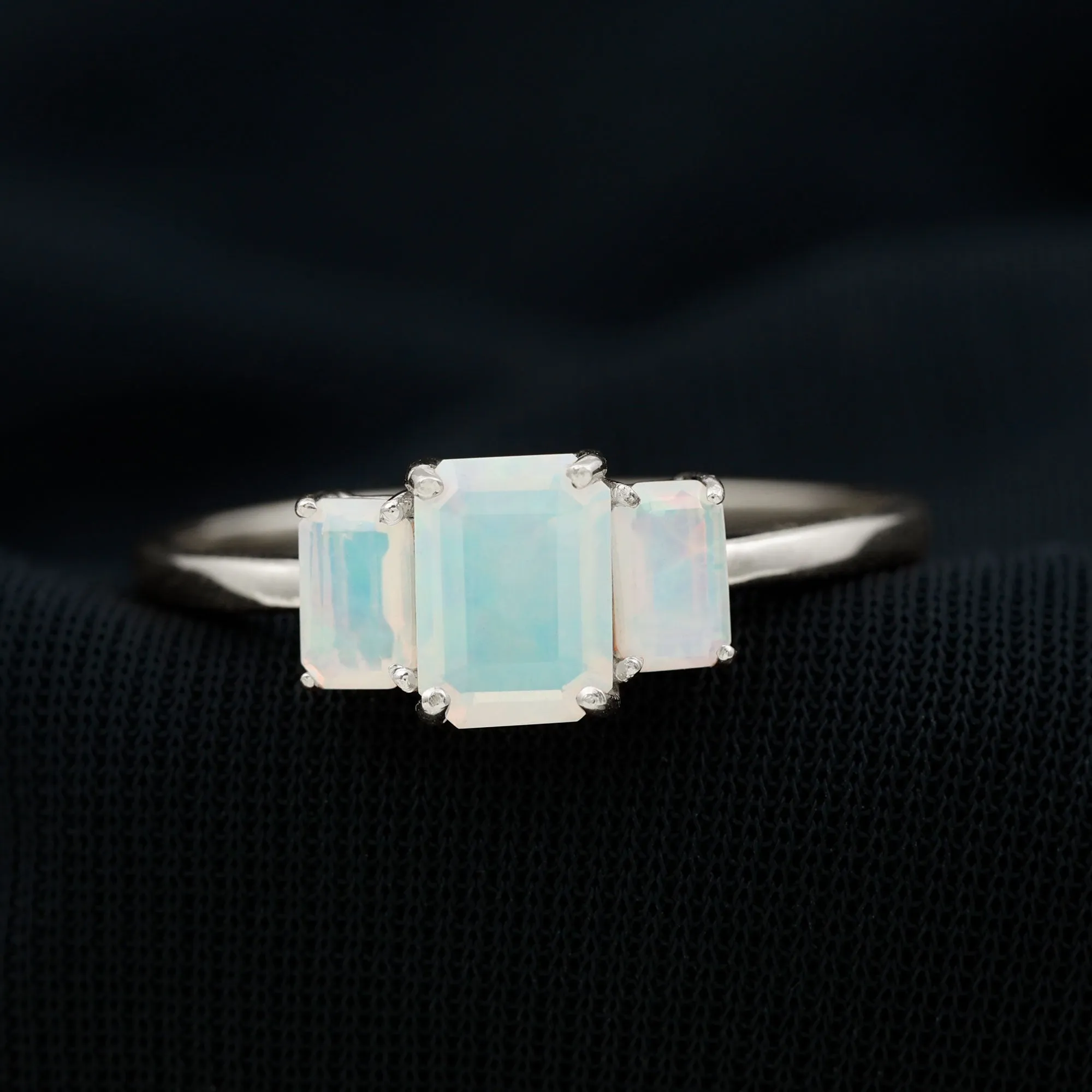 2 CT Octagon Shape Ethiopian Opal Three Stone Cocktail Ring