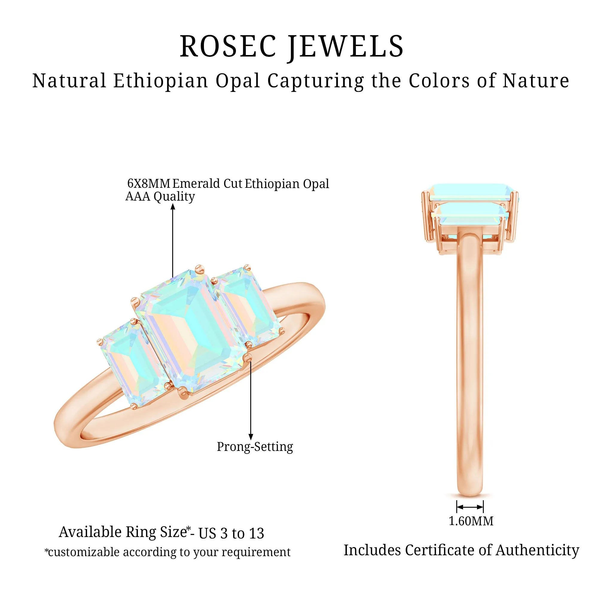 2 CT Octagon Shape Ethiopian Opal Three Stone Cocktail Ring