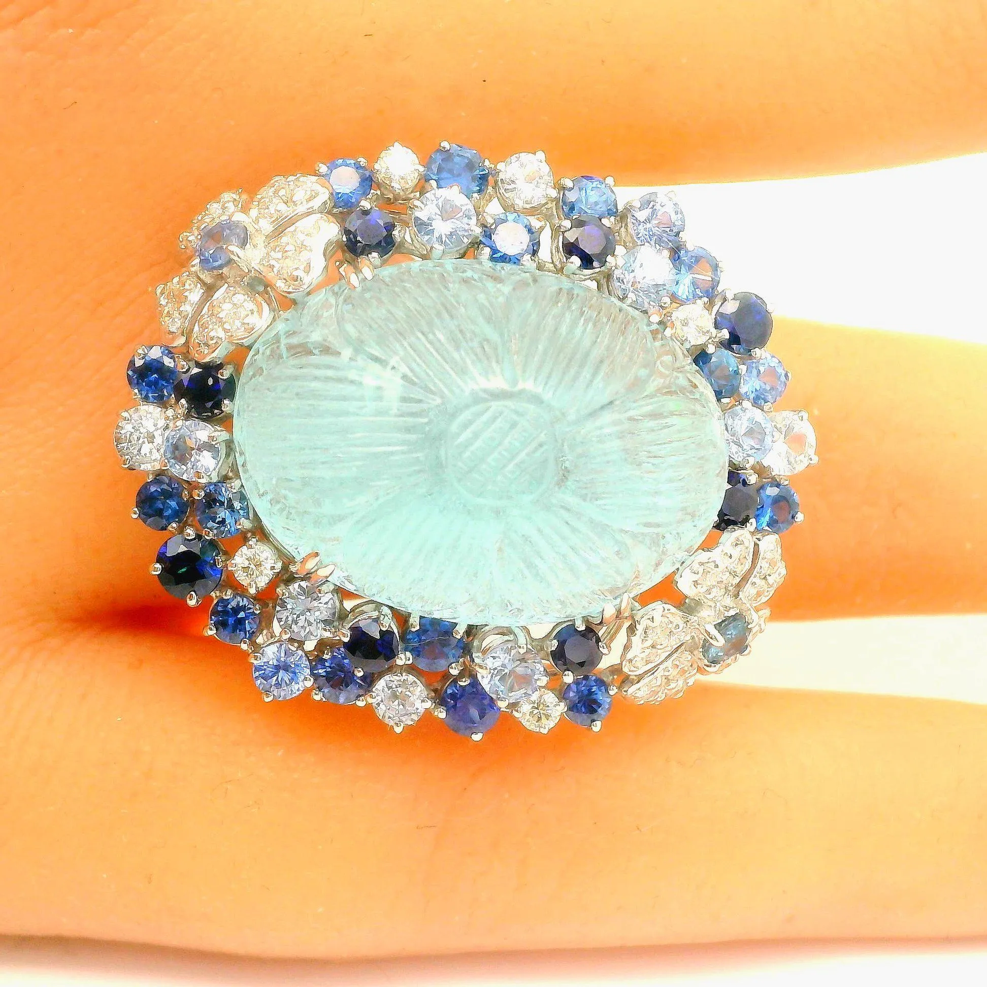 25.33 Carat Curved Aquamarine Diamond Sapphire 18k W Gold Floral Cocktail Ring