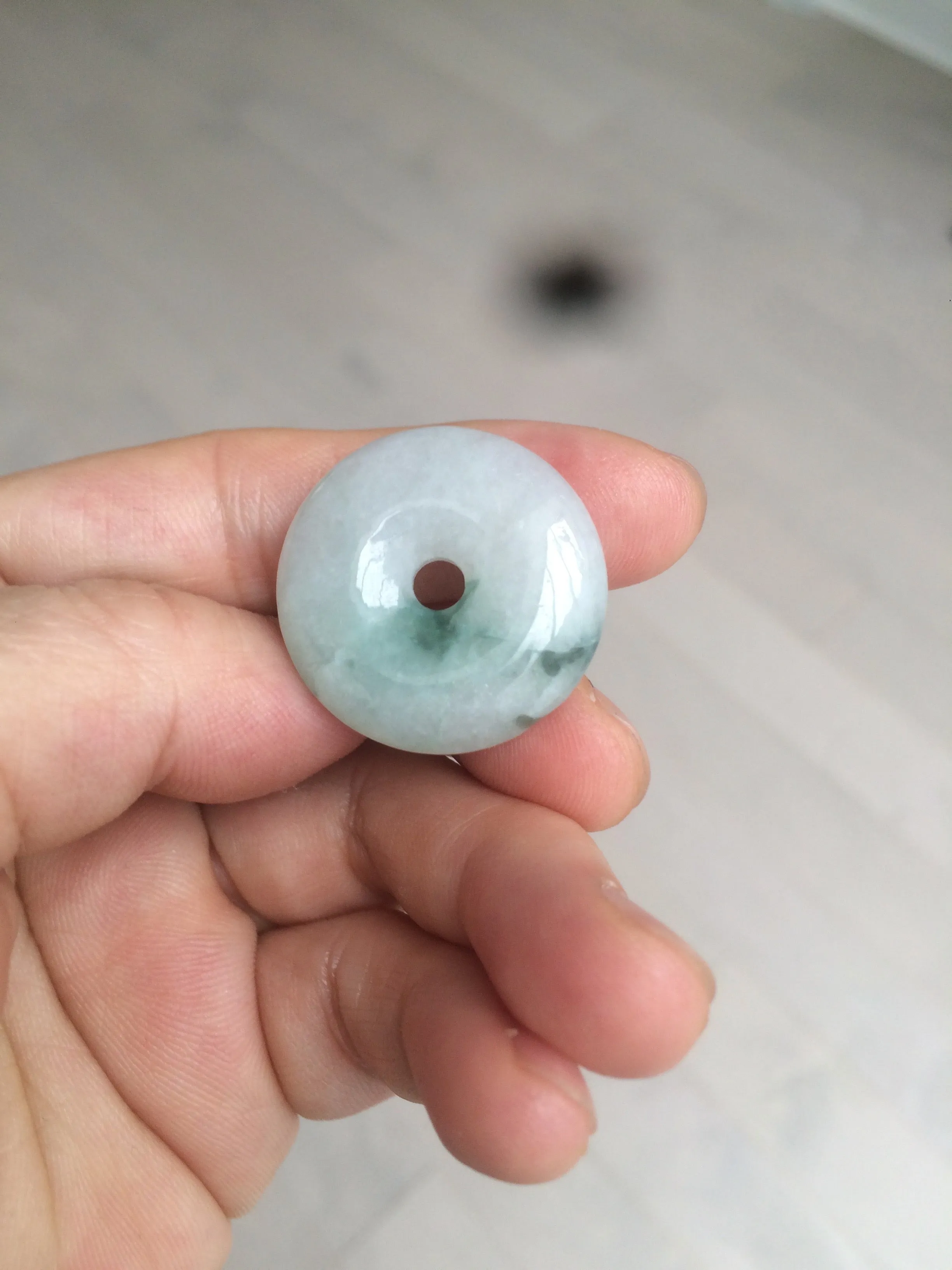 25.4/6.2mm 100% Natural icy watery green/white with green floating flowers jadeite Jade Safety Guardian Button(donut) Pendant/worry stone BF46