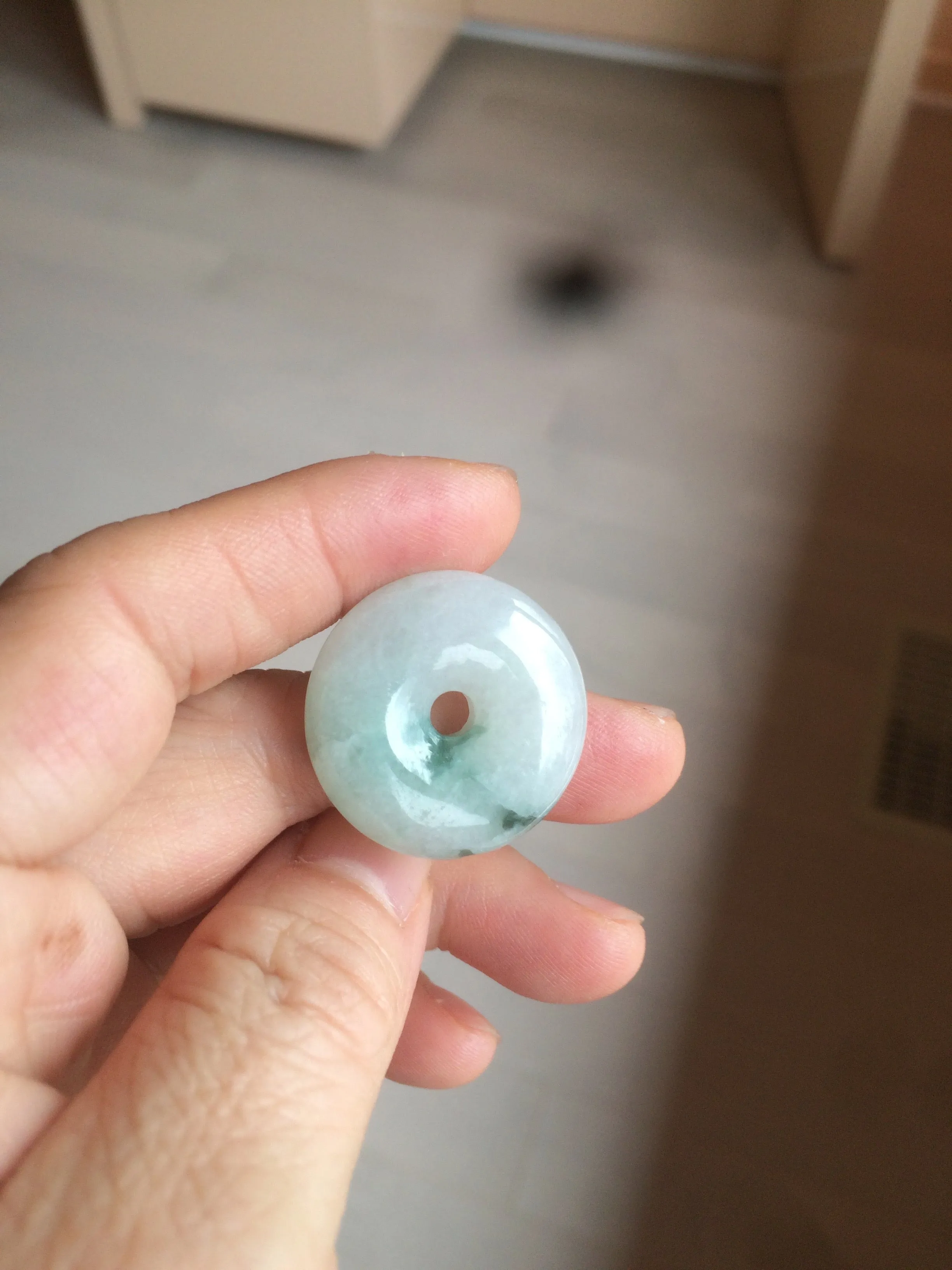 25.4/6.2mm 100% Natural icy watery green/white with green floating flowers jadeite Jade Safety Guardian Button(donut) Pendant/worry stone BF46