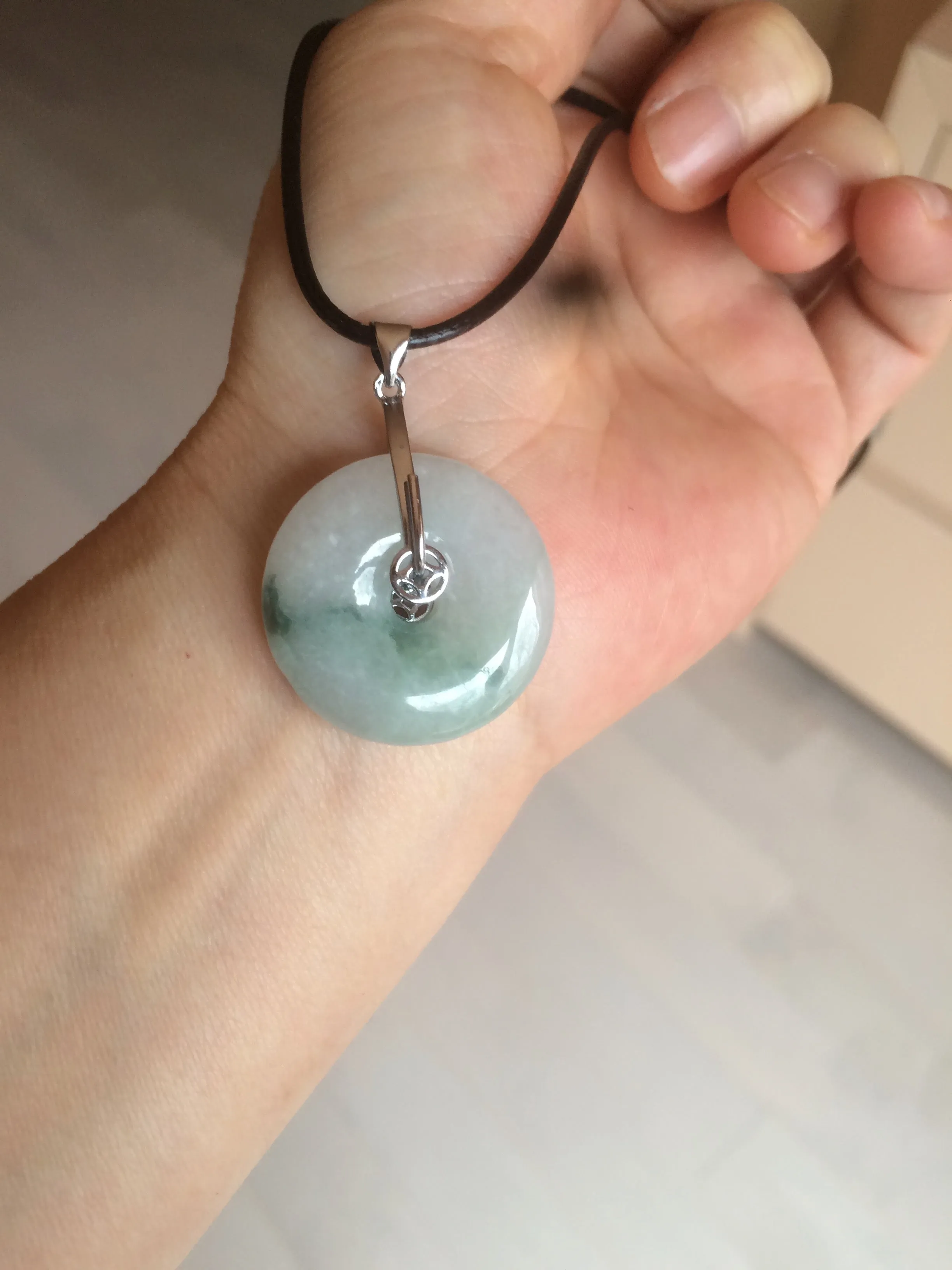 25.4/6.2mm 100% Natural icy watery green/white with green floating flowers jadeite Jade Safety Guardian Button(donut) Pendant/worry stone BF46