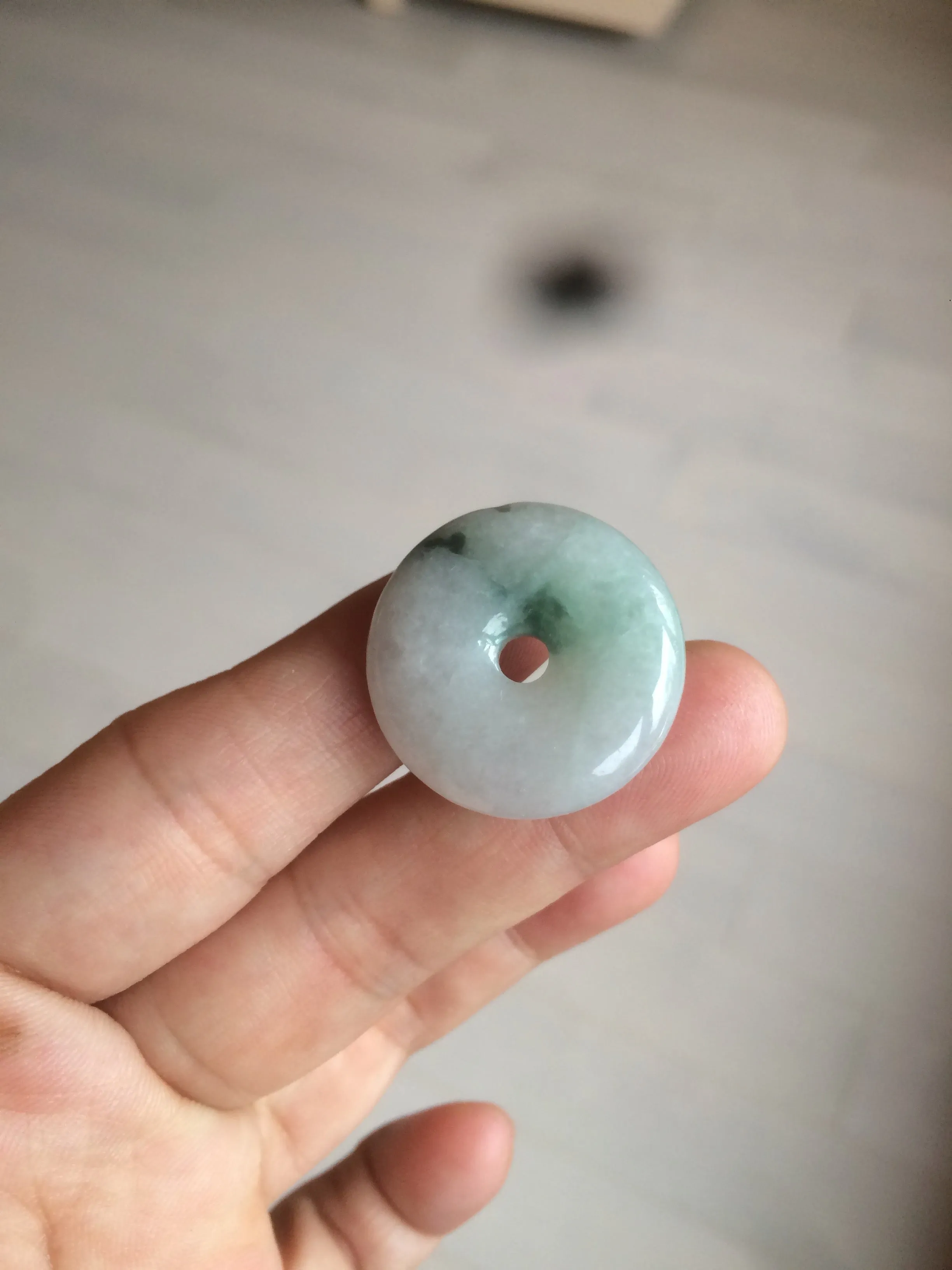 25.4/6.2mm 100% Natural icy watery green/white with green floating flowers jadeite Jade Safety Guardian Button(donut) Pendant/worry stone BF46