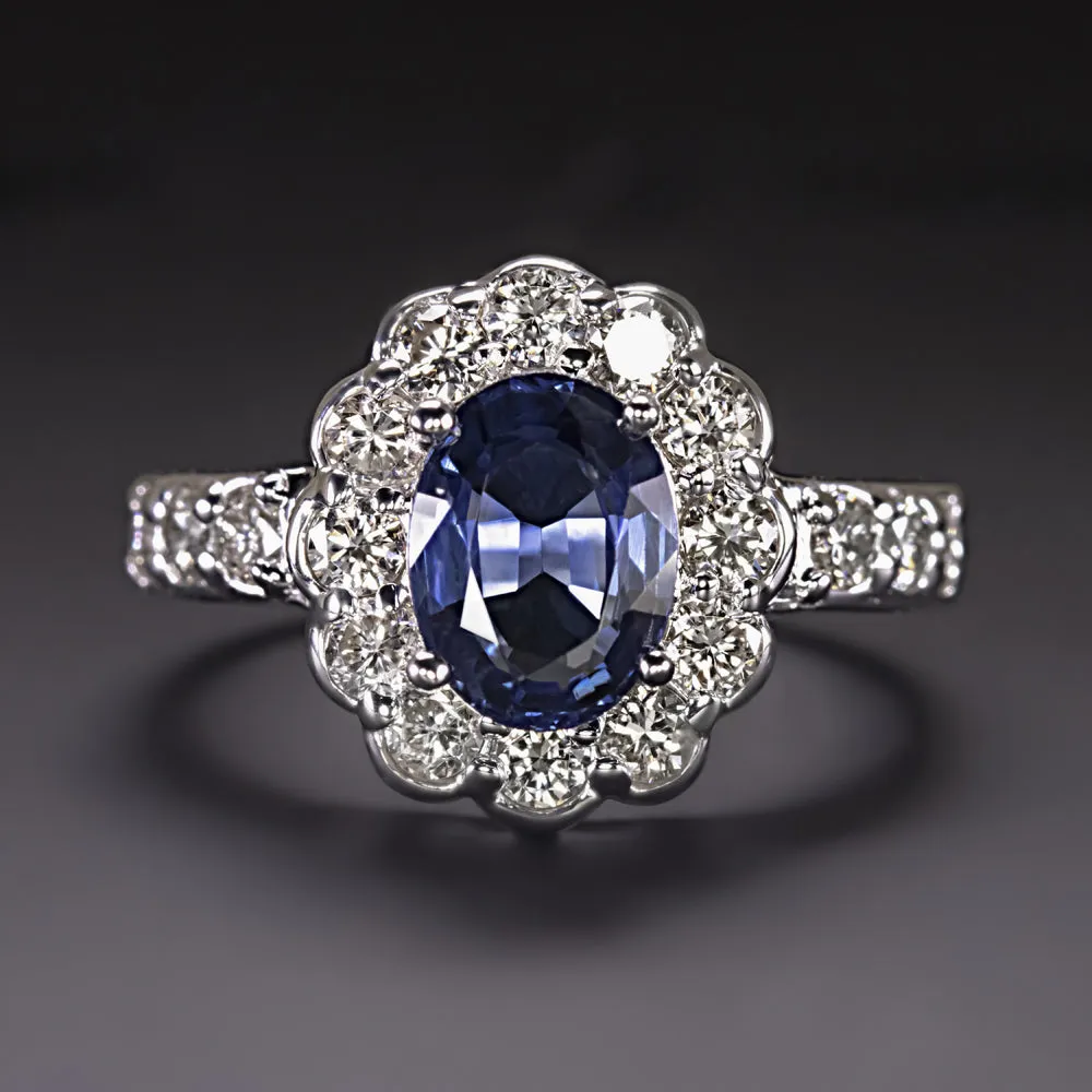 2.55c SAPPHIRE DIAMOND COCKTAIL RING GIA CERTIFIED SCALLOPED HALO 14k WHITE GOLD