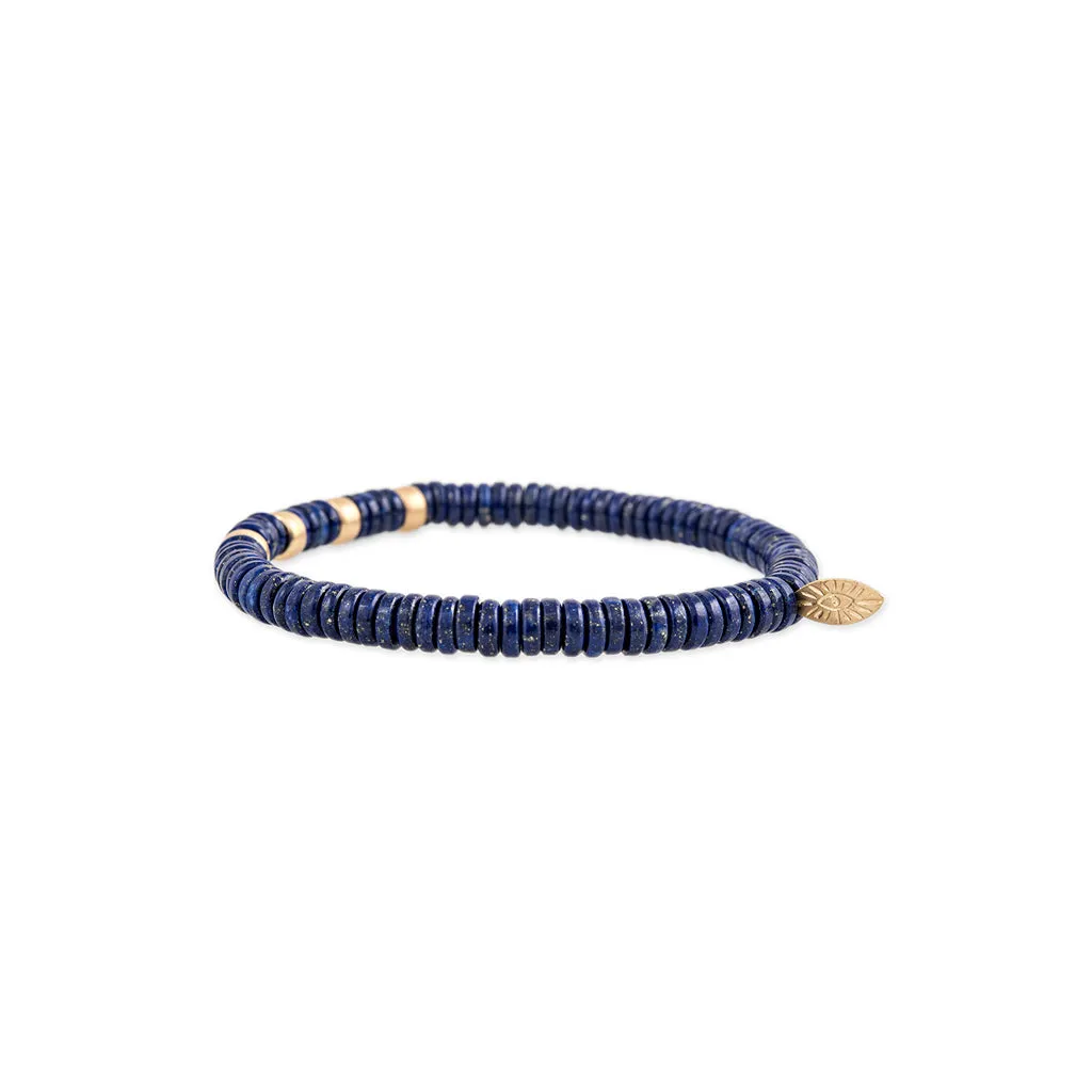 4 SPACED OUT GOLD BEADS   LAPIS BEADED STRETCH BRACELET