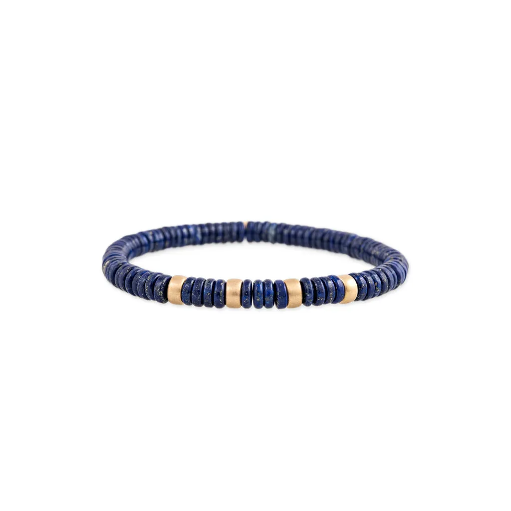 4 SPACED OUT GOLD BEADS   LAPIS BEADED STRETCH BRACELET