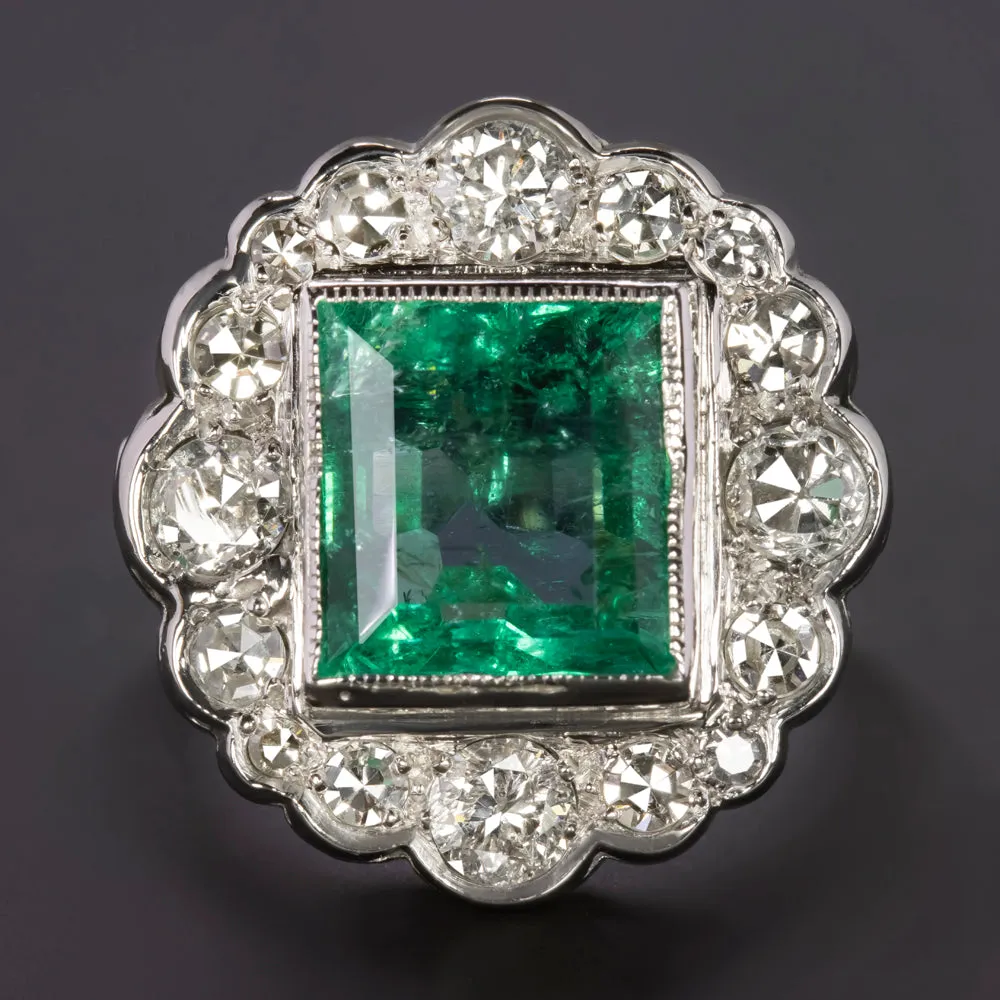 5.40ct VINTAGE COLOMBIAN EMERALD DIAMOND COCKTAIL RING GIA CERTIFIED WHITE GOLD