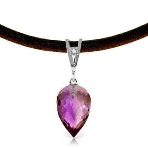 9.51 Carat 14K Solid White Gold Leather Necklace Diamond Amethyst