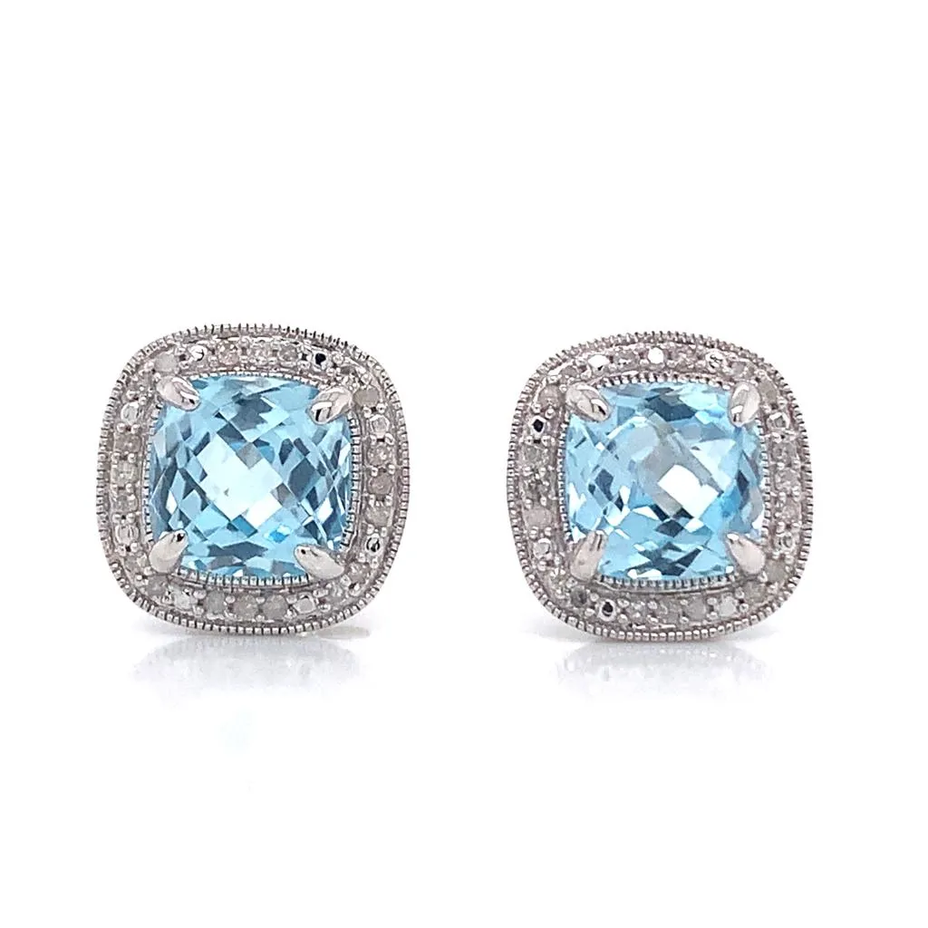 9ct White Gold Cushion Cut Earth Grown Blue Topaz And Diamond Stud Earrings