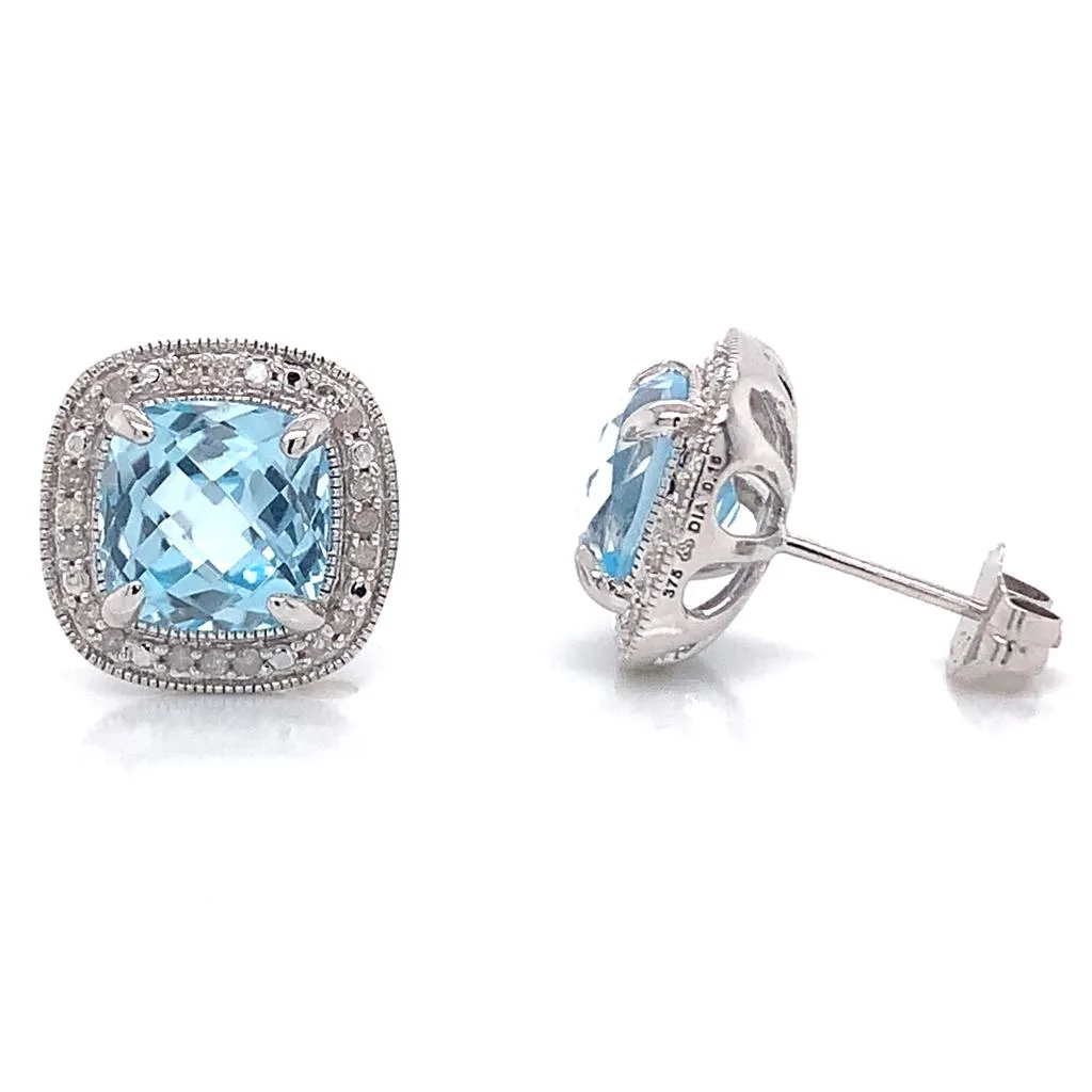 9ct White Gold Cushion Cut Earth Grown Blue Topaz And Diamond Stud Earrings