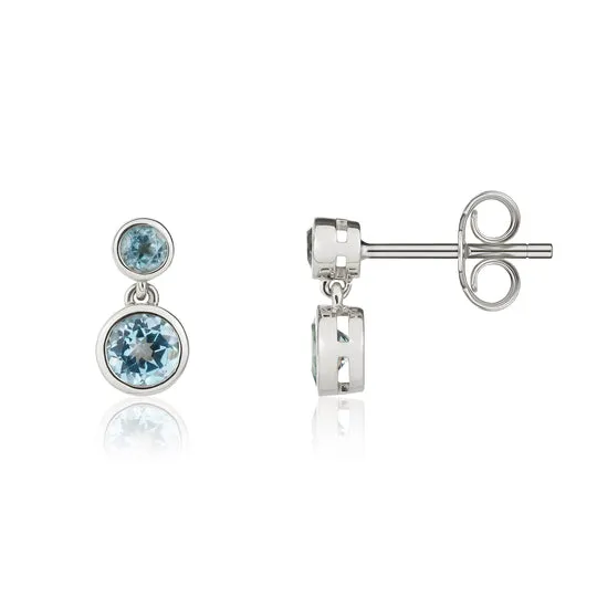 9ct White Gold Round Swiss Blue Topaz Double Stone Rubover Drop Earrings