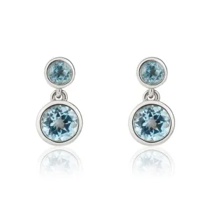 9ct White Gold Round Swiss Blue Topaz Double Stone Rubover Drop Earrings