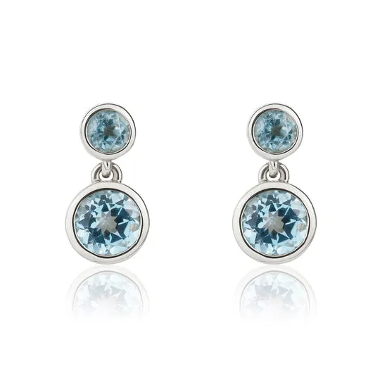 9ct White Gold Round Swiss Blue Topaz Double Stone Rubover Drop Earrings