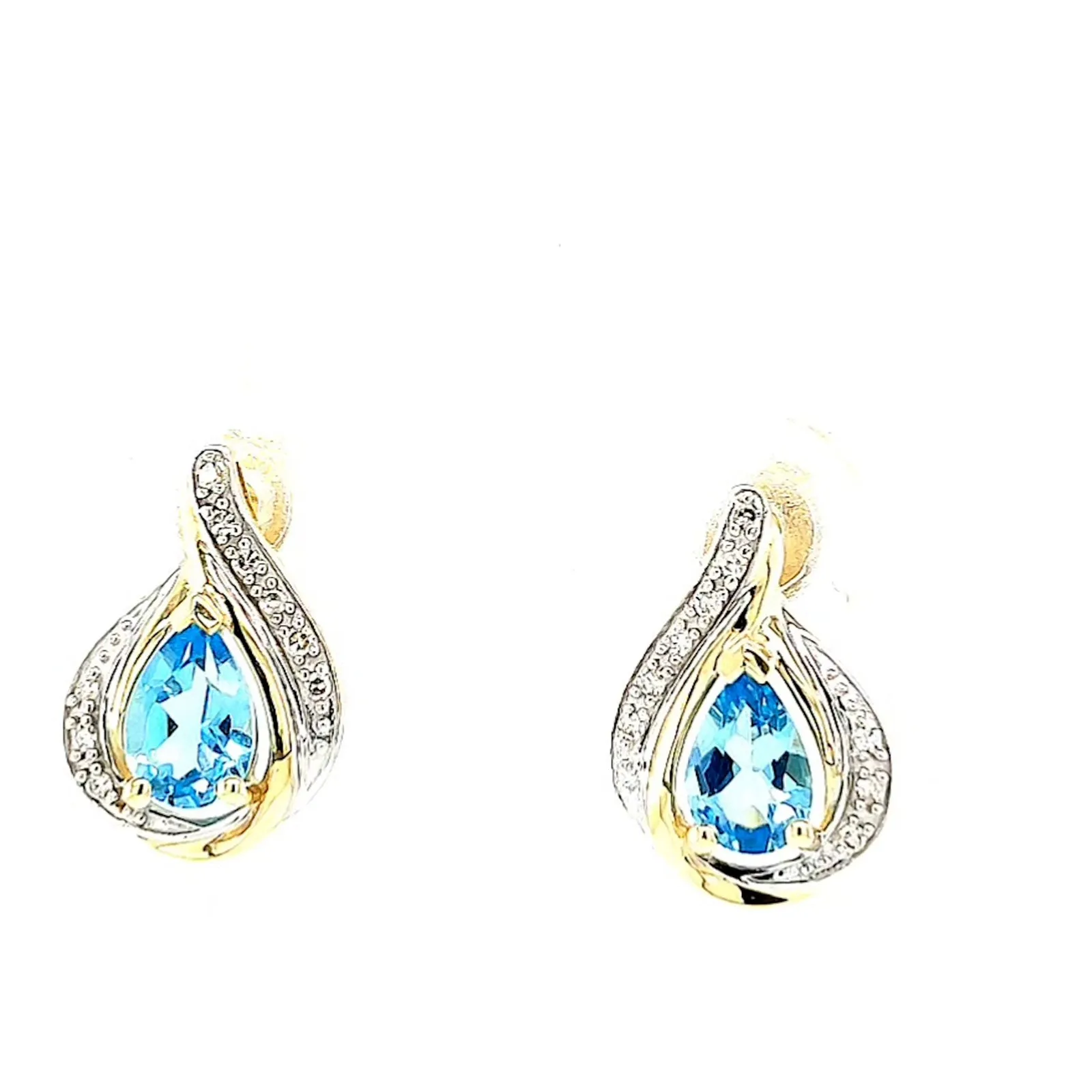 9ct Yellow Gold Pear Cut6x4 mm Blue Topaz Diamond Set Stud Earrings