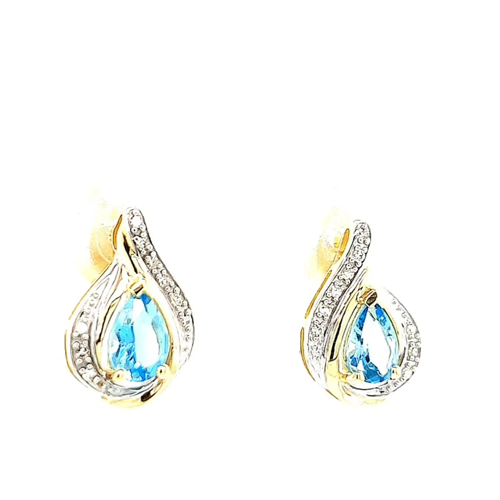 9ct Yellow Gold Pear Cut6x4 mm Blue Topaz Diamond Set Stud Earrings