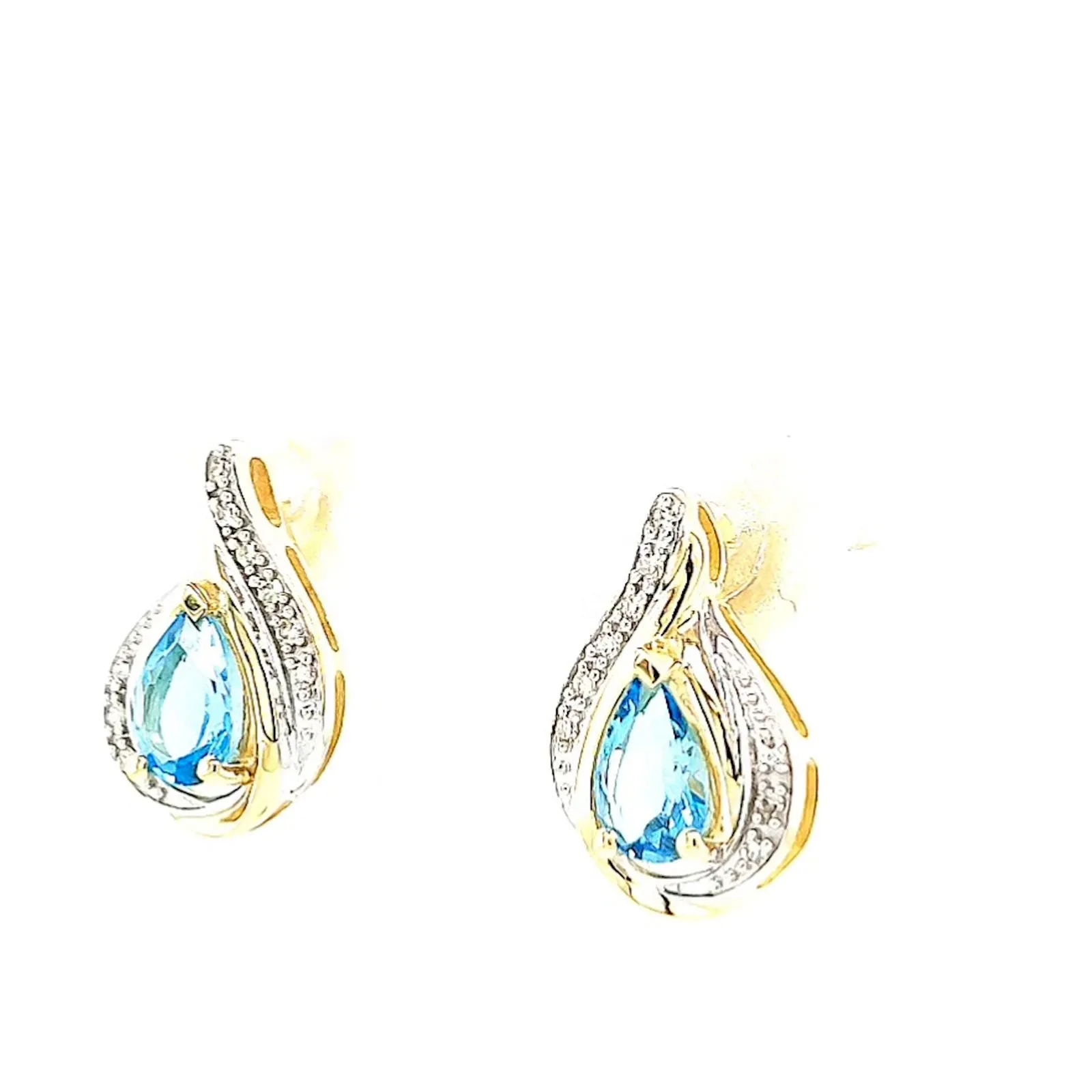 9ct Yellow Gold Pear Cut6x4 mm Blue Topaz Diamond Set Stud Earrings