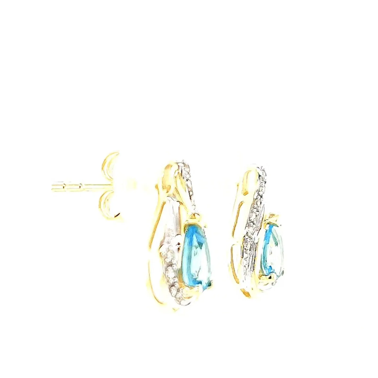 9ct Yellow Gold Pear Cut6x4 mm Blue Topaz Diamond Set Stud Earrings