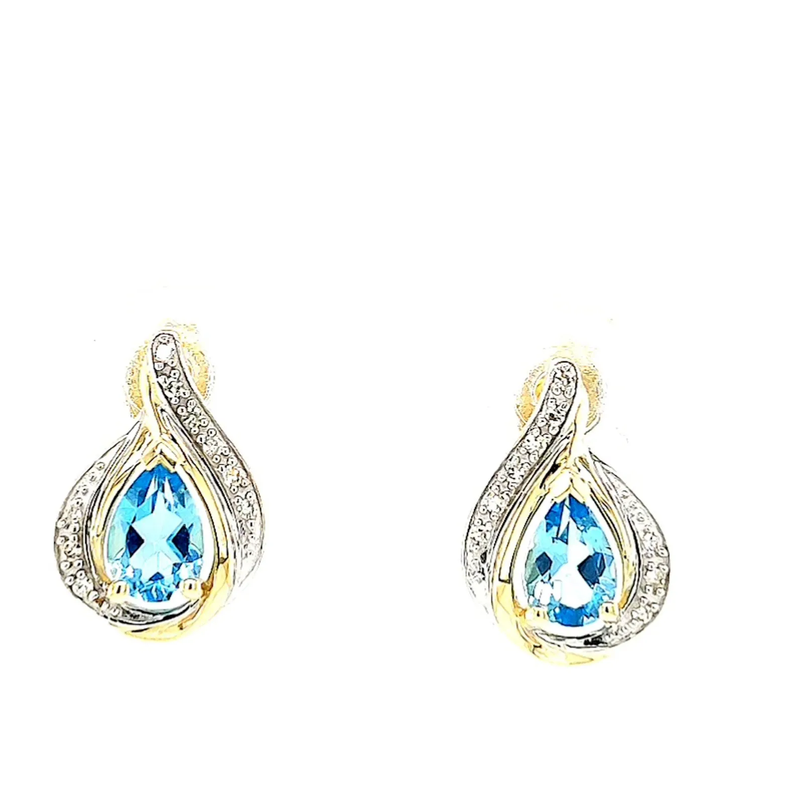 9ct Yellow Gold Pear Cut6x4 mm Blue Topaz Diamond Set Stud Earrings