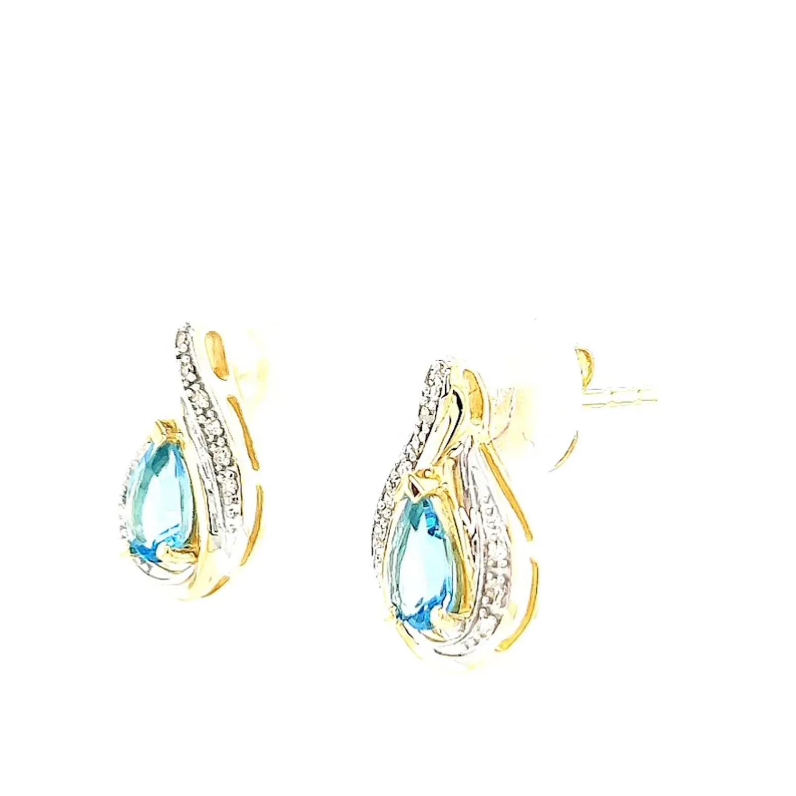 9ct Yellow Gold Pear Cut6x4 mm Blue Topaz Diamond Set Stud Earrings