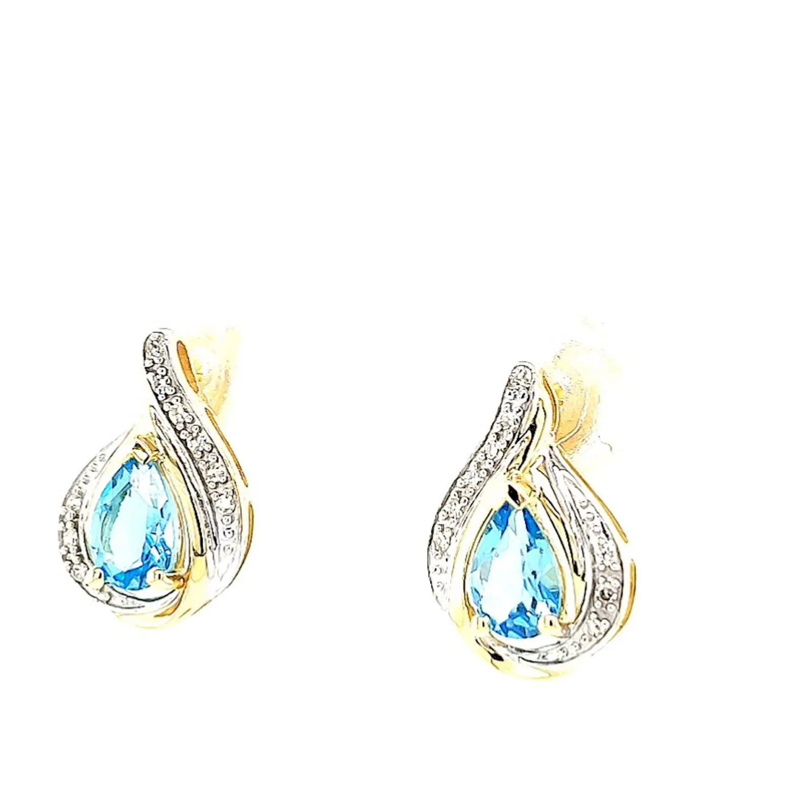 9ct Yellow Gold Pear Cut6x4 mm Blue Topaz Diamond Set Stud Earrings