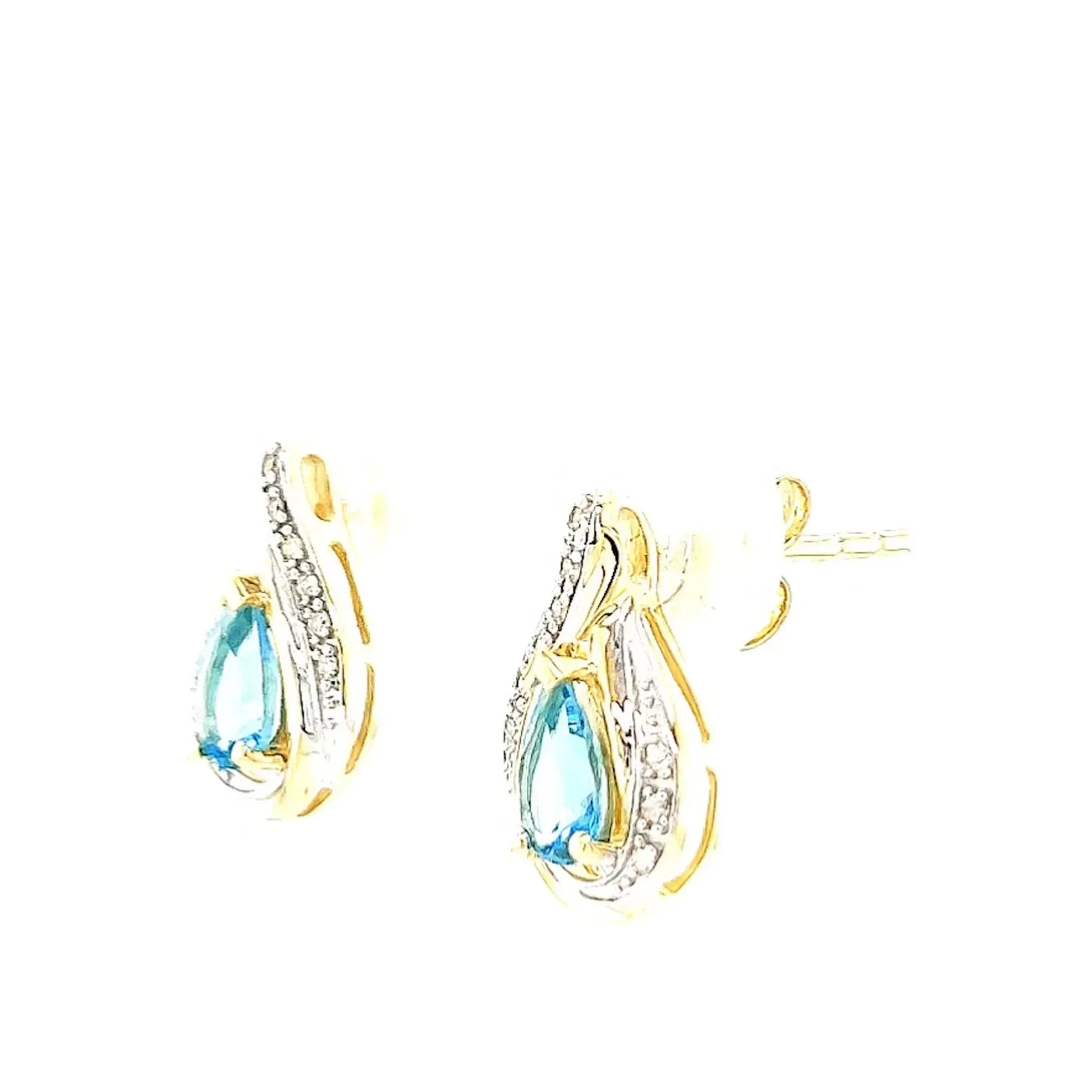 9ct Yellow Gold Pear Cut6x4 mm Blue Topaz Diamond Set Stud Earrings