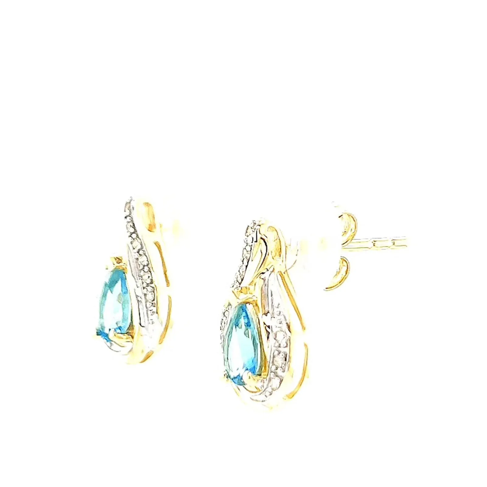 9ct Yellow Gold Pear Cut6x4 mm Blue Topaz Diamond Set Stud Earrings