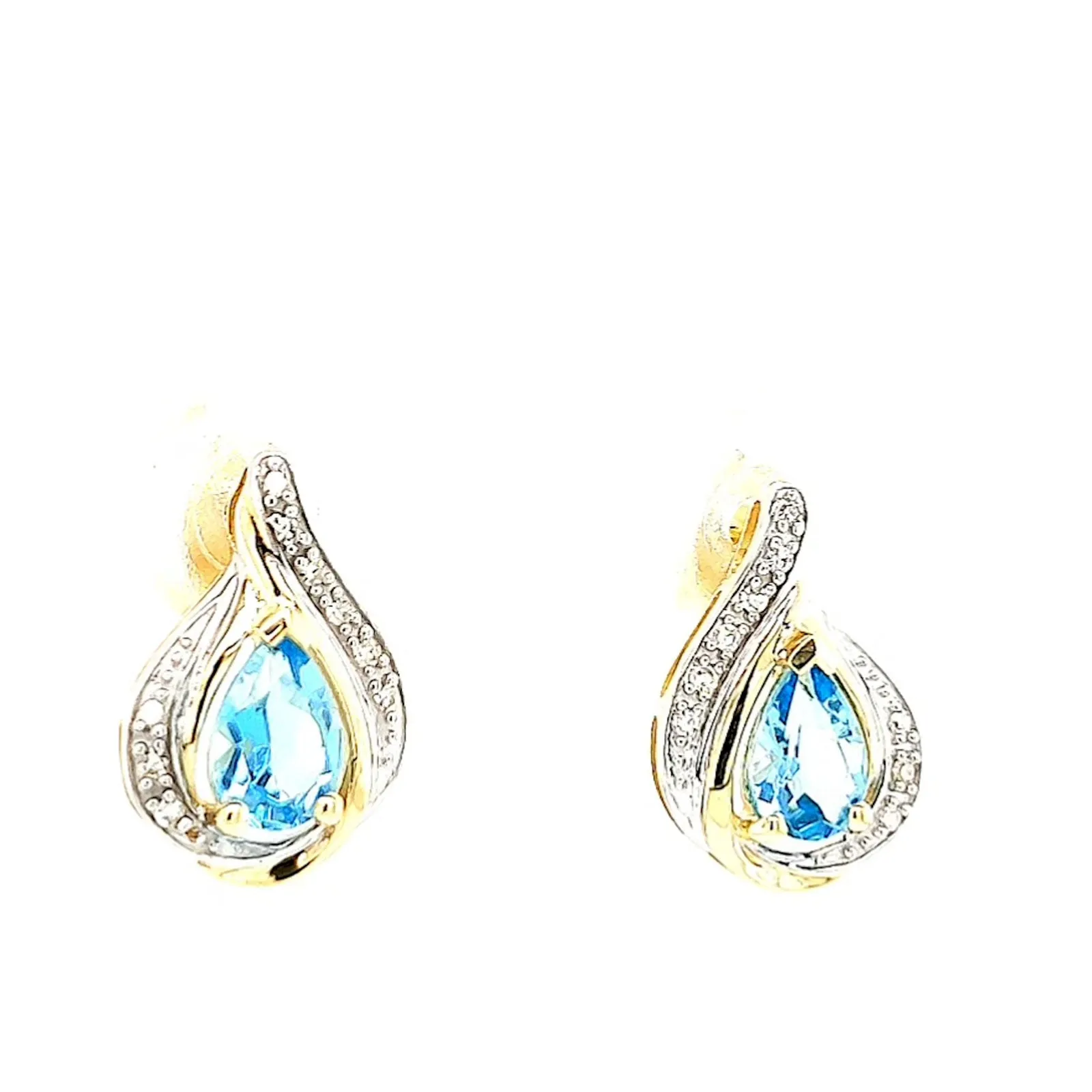 9ct Yellow Gold Pear Cut6x4 mm Blue Topaz Diamond Set Stud Earrings