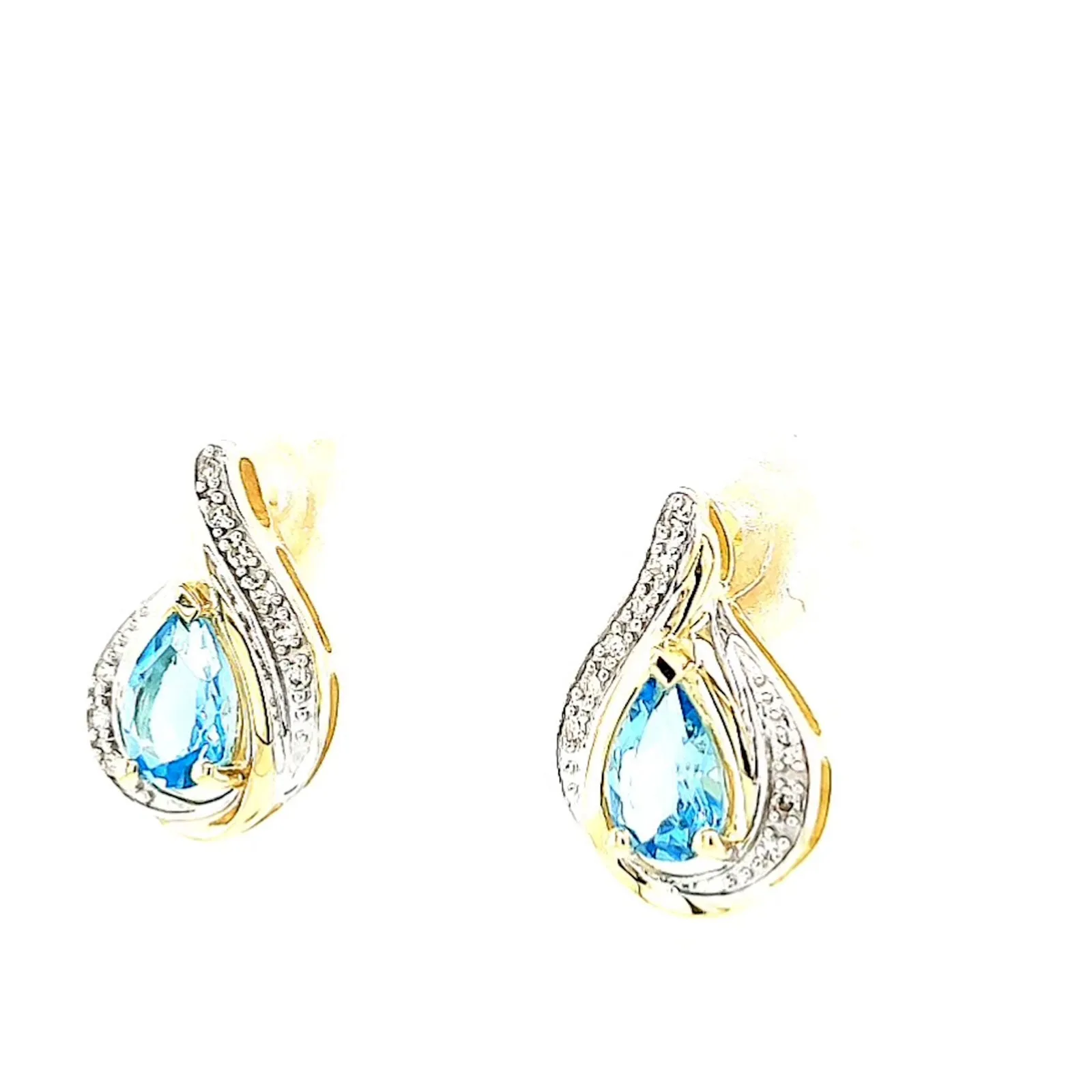 9ct Yellow Gold Pear Cut6x4 mm Blue Topaz Diamond Set Stud Earrings